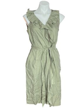 Talbots Petite Linen Dress Sage Green Ruffle Front Tie Waist
